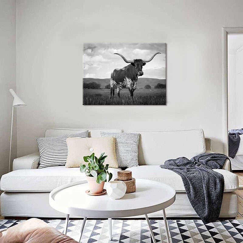 Visual Art Decor Longhorn Cow Pictures Black and White Cow Painting Canvas Wall Art Framed Artwork for Home Decor 24inchx32inch - Image 3